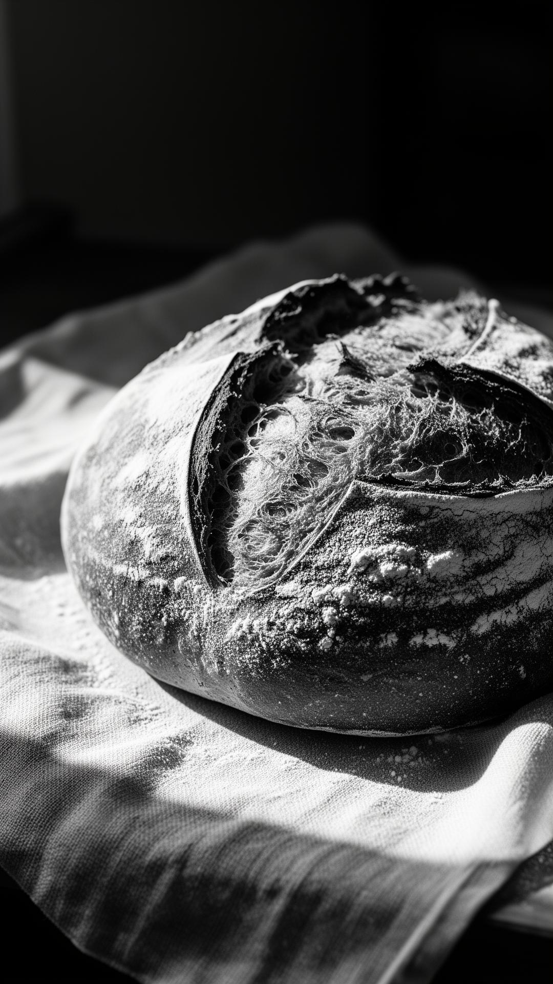 Freshly baked organic sourdough loaf dusted with flour